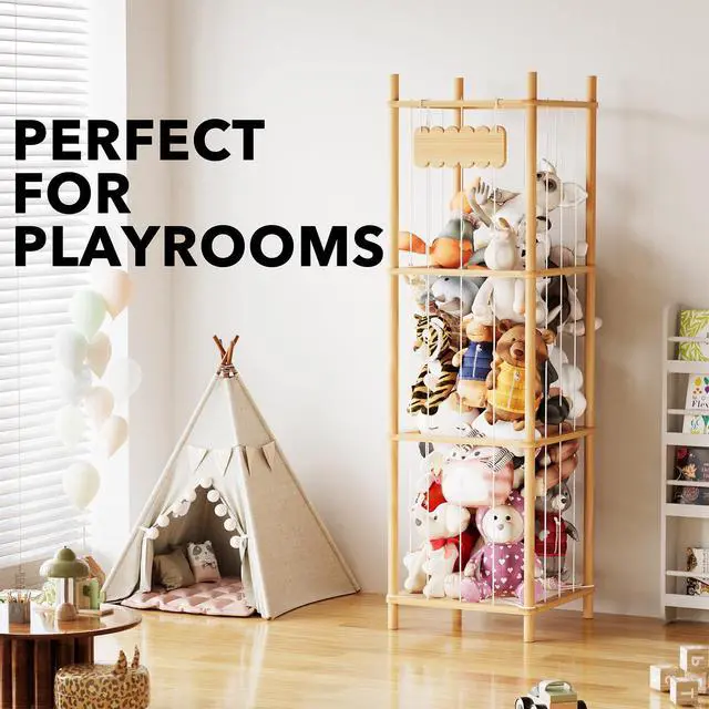 Alt view image 5 of 5 - Stuffed Animal Storage Organizer, Wood Animals Zoo Toy Plushies Storage Holder, Large Capacity Plush Toy Cage for Playroom Organization, 15.8" Wide, Natural