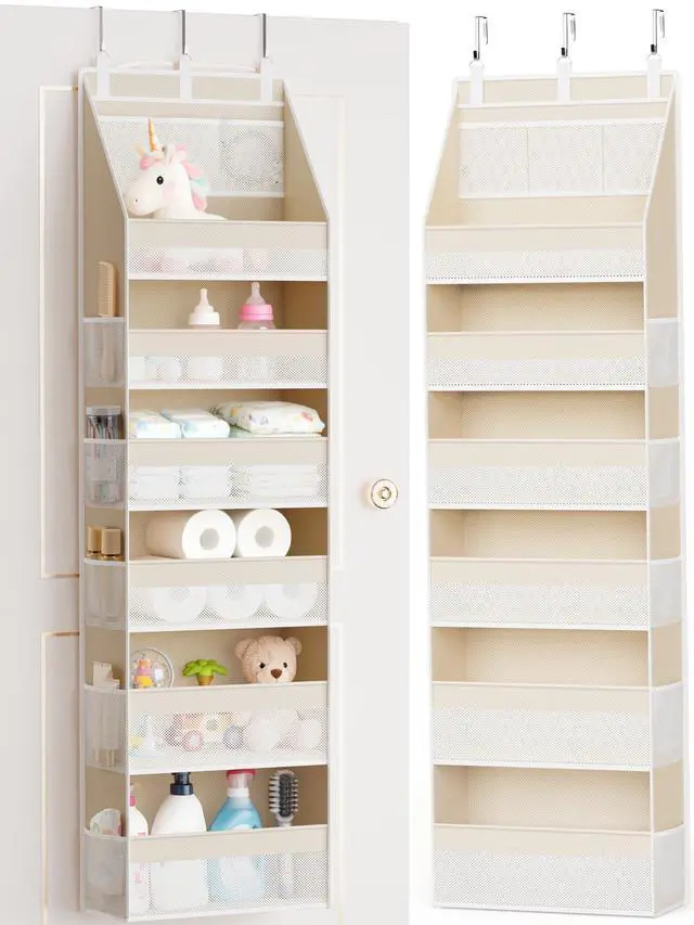 Main image of Over the Door Organizer, 6-Shelf Closet Hanging Storage with 13 Mesh Pockets, 55lbs Capacity Behind the Door Storage for Baby Nursery, Bathroom, Bedroom, and Dorm, Beige