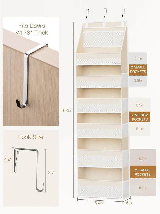 Alt view image 2 of 7 - Over the Door Organizer, 6-Shelf Closet Hanging Storage with 13 Mesh Pockets, 55lbs Capacity Behind the Door Storage for Baby Nursery, Bathroom, Bedroom, and Dorm, Beige