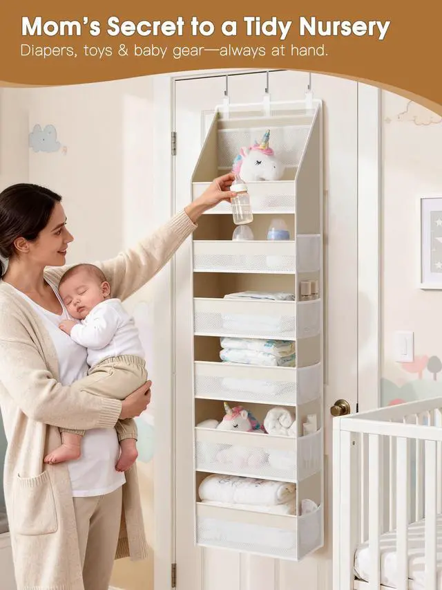 Alt view image 3 of 7 - Over the Door Organizer, 6-Shelf Closet Hanging Storage with 13 Mesh Pockets, 55lbs Capacity Behind the Door Storage for Baby Nursery, Bathroom, Bedroom, and Dorm, Beige