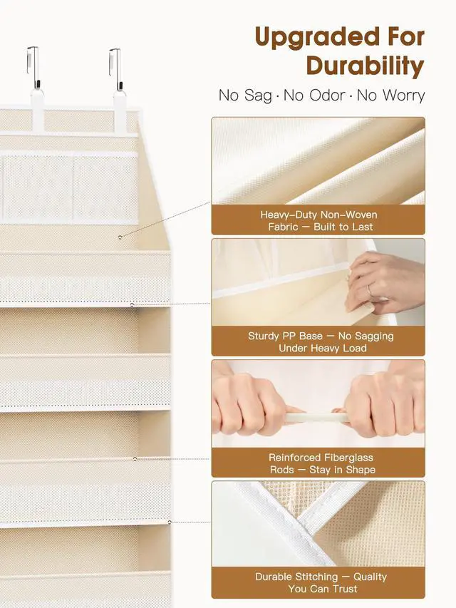 Alt view image 4 of 7 - Over the Door Organizer, 6-Shelf Closet Hanging Storage with 13 Mesh Pockets, 55lbs Capacity Behind the Door Storage for Baby Nursery, Bathroom, Bedroom, and Dorm, Beige
