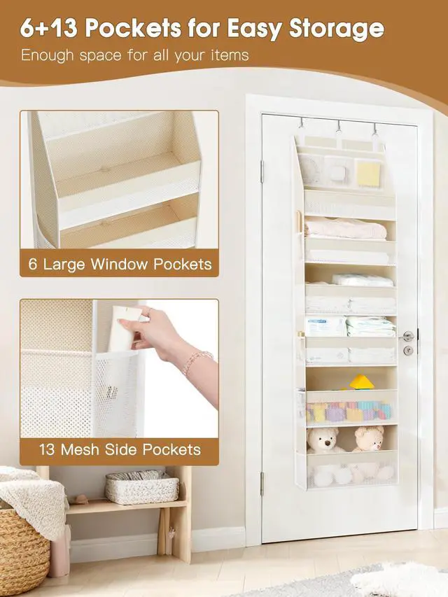 Alt view image 5 of 7 - Over the Door Organizer, 6-Shelf Closet Hanging Storage with 13 Mesh Pockets, 55lbs Capacity Behind the Door Storage for Baby Nursery, Bathroom, Bedroom, and Dorm, Beige