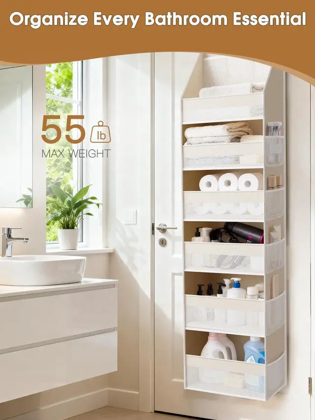 Alt view image 6 of 7 - Over the Door Organizer, 6-Shelf Closet Hanging Storage with 13 Mesh Pockets, 55lbs Capacity Behind the Door Storage for Baby Nursery, Bathroom, Bedroom, and Dorm, Beige