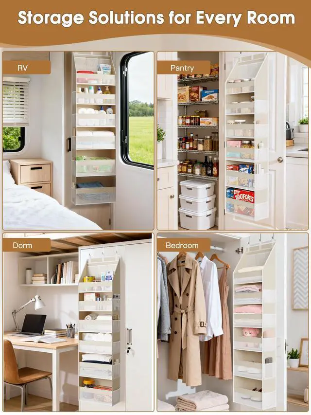 Alt view image 7 of 7 - Over the Door Organizer, 6-Shelf Closet Hanging Storage with 13 Mesh Pockets, 55lbs Capacity Behind the Door Storage for Baby Nursery, Bathroom, Bedroom, and Dorm, Beige