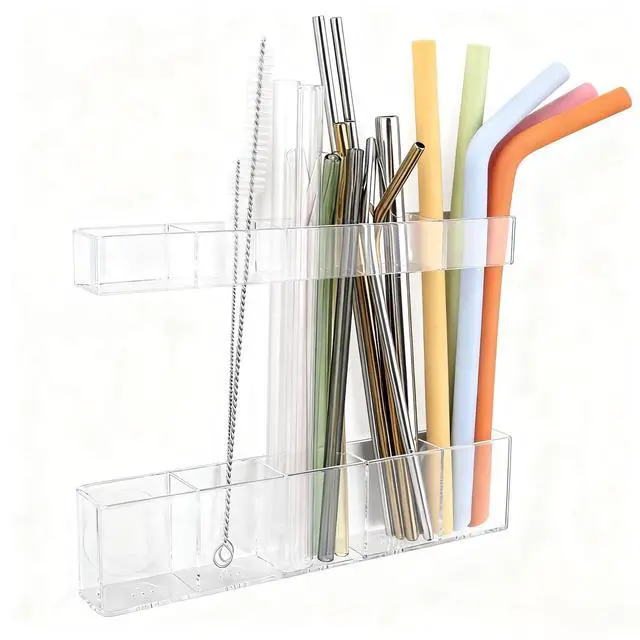 Main image of Acrylic Straw Holder for Cabinet Door - Child-Safe Organizer & Dispenser with Smooth Rounded Edges for Kitchen Accessories Storage, Adhesive Circles Included (Clear Transparent)