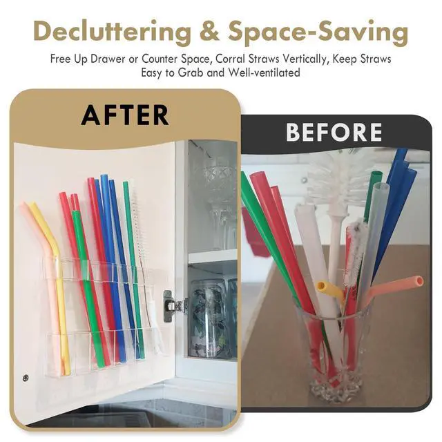 Alt view image 2 of 7 - Acrylic Straw Holder for Cabinet Door - Child-Safe Organizer & Dispenser with Smooth Rounded Edges for Kitchen Accessories Storage, Adhesive Circles Included (Clear Transparent)