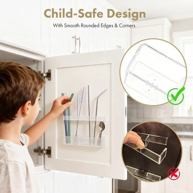 Alt view image 3 of 7 - Acrylic Straw Holder for Cabinet Door - Child-Safe Organizer & Dispenser with Smooth Rounded Edges for Kitchen Accessories Storage, Adhesive Circles Included (Clear Transparent)