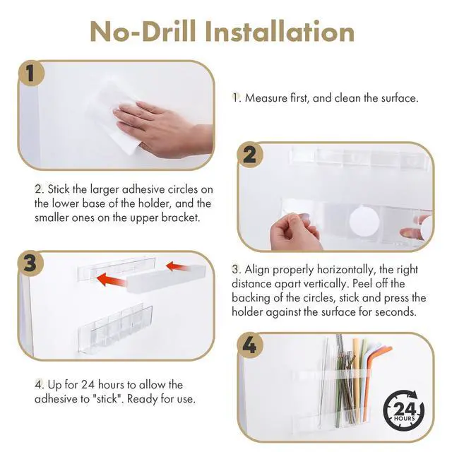 Alt view image 5 of 7 - Acrylic Straw Holder for Cabinet Door - Child-Safe Organizer & Dispenser with Smooth Rounded Edges for Kitchen Accessories Storage, Adhesive Circles Included (Clear Transparent)
