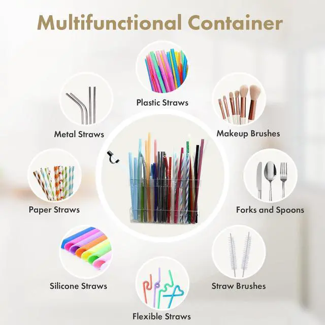 Alt view image 6 of 7 - Acrylic Straw Holder for Cabinet Door - Child-Safe Organizer & Dispenser with Smooth Rounded Edges for Kitchen Accessories Storage, Adhesive Circles Included (Clear Transparent)