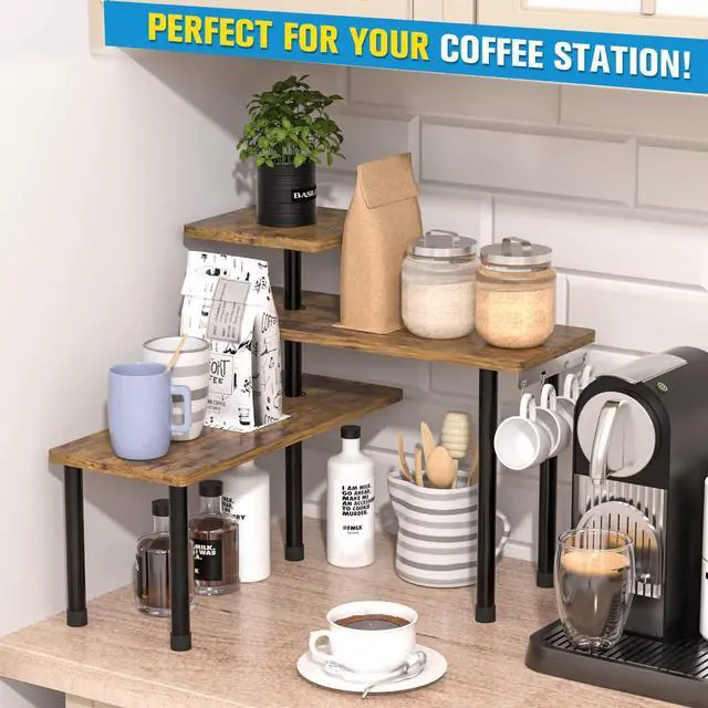 Alt view image 2 of 6 - Countertop Organizer Organization, 3 Tier Moveable Corner Shelf Organizer for Kitchen, Bathroom, Spice Rack, Coffee Area, Over Sink, Dresser Table (Rustic Brown)