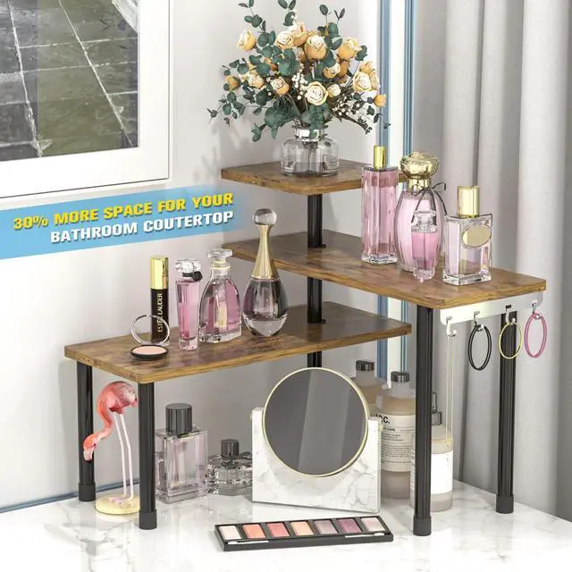 Alt view image 4 of 6 - Countertop Organizer Organization, 3 Tier Moveable Corner Shelf Organizer for Kitchen, Bathroom, Spice Rack, Coffee Area, Over Sink, Dresser Table (Rustic Brown)