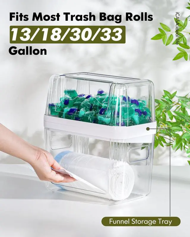 Alt view image 4 of 6 - Trash Bag and Dishwasher Pod Dispenser - 3 in 1 Clear Storage Bins Holder for 13/30/33 Gallon Garbage Bags, Laundry Detergent Pods & Tabs, Under Sink Organizer for Kitchen and Laundry Room