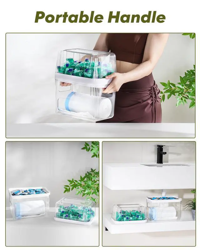Alt view image 6 of 6 - Trash Bag and Dishwasher Pod Dispenser - 3 in 1 Clear Storage Bins Holder for 13/30/33 Gallon Garbage Bags, Laundry Detergent Pods & Tabs, Under Sink Organizer for Kitchen and Laundry Room