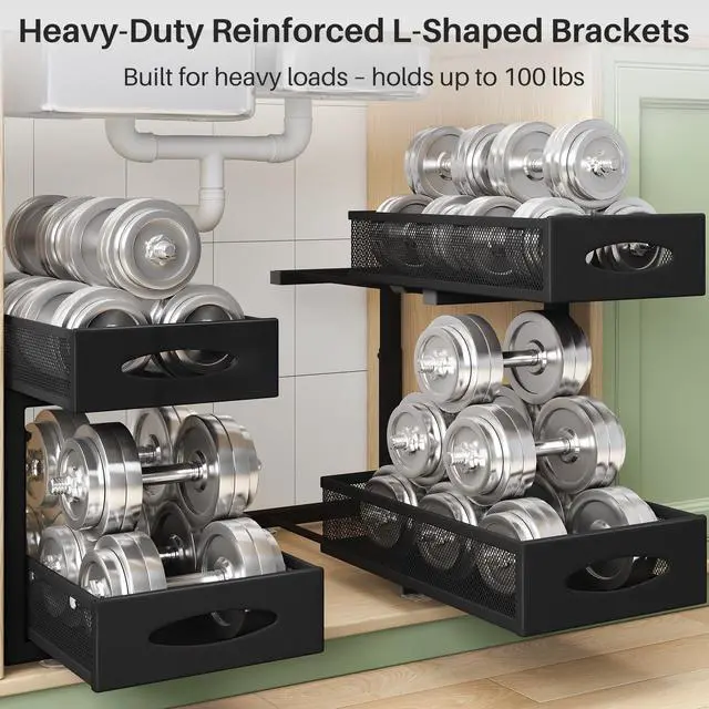 Alt view image 5 of 7 - Under Sink Organizer, 2 Tier Pull out Cabinet Organizer Baskets with Mesh Sliding Drawers, Slide out Storage Shelf for Home, Kitchen, Bathroom, Pantry, Office Cabinet, Countertop(1 Pack)
