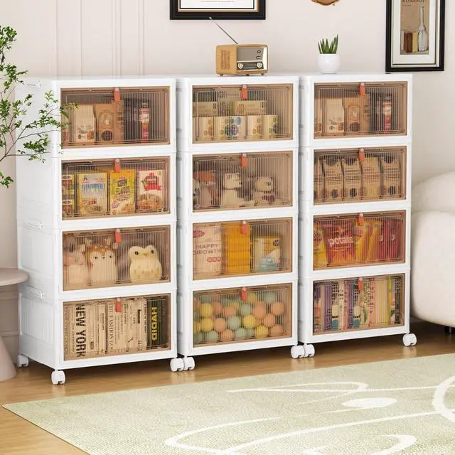 Alt view image 2 of 5 - 4 Tier Plastic Storage Bins with Lid 28QT - Stackable Storage Containers with Wheels, Folding Storage Boxes, Collapsible Storage Bins, Closet Organizers and Storage