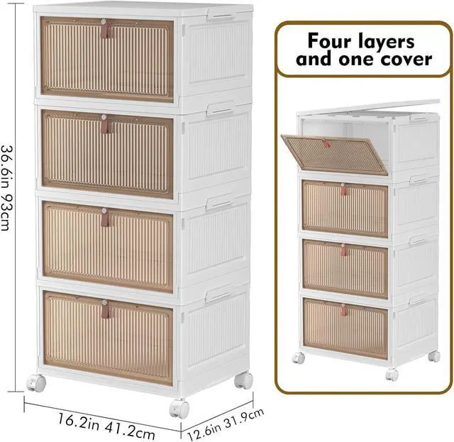 Alt view image 3 of 5 - 4 Tier Plastic Storage Bins with Lid 28QT - Stackable Storage Containers with Wheels, Folding Storage Boxes, Collapsible Storage Bins, Closet Organizers and Storage