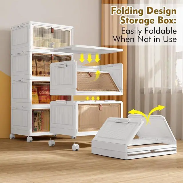 Alt view image 4 of 5 - 4 Tier Plastic Storage Bins with Lid 28QT - Stackable Storage Containers with Wheels, Folding Storage Boxes, Collapsible Storage Bins, Closet Organizers and Storage