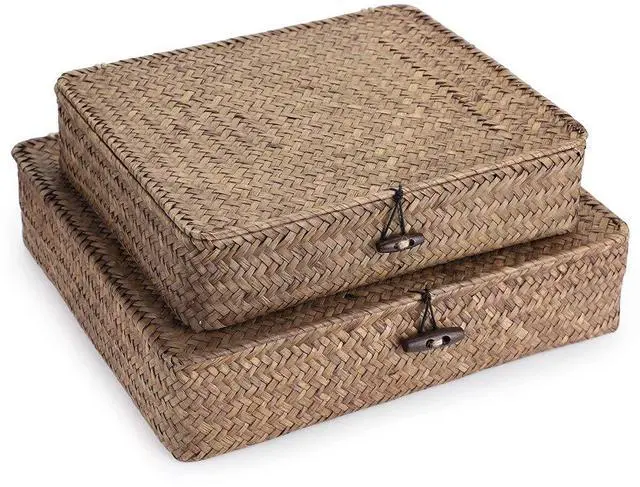 Main image of Set of 2 Flat Woven Wicker Storage Bins with Lid Natural Seagrass Basket Multipurpose Home Boxes for Shelf Organizer (Coffee)