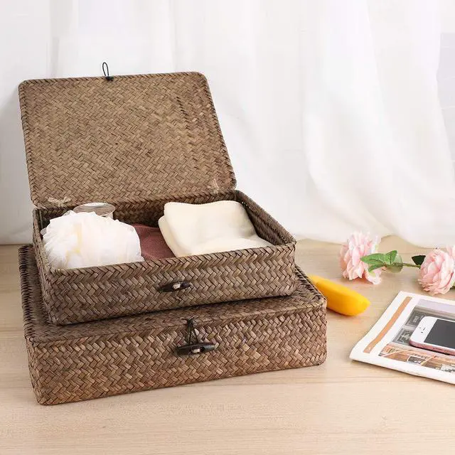 Alt view image 2 of 7 - Set of 2 Flat Woven Wicker Storage Bins with Lid Natural Seagrass Basket Multipurpose Home Boxes for Shelf Organizer (Coffee)
