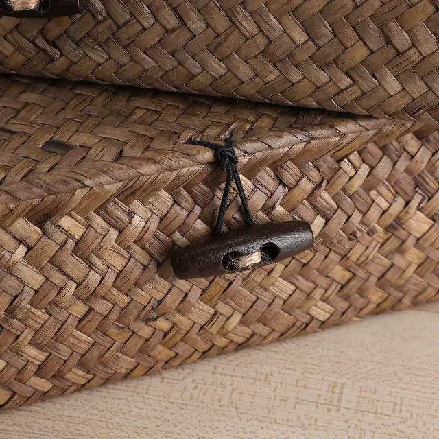 Alt view image 3 of 7 - Set of 2 Flat Woven Wicker Storage Bins with Lid Natural Seagrass Basket Multipurpose Home Boxes for Shelf Organizer (Coffee)