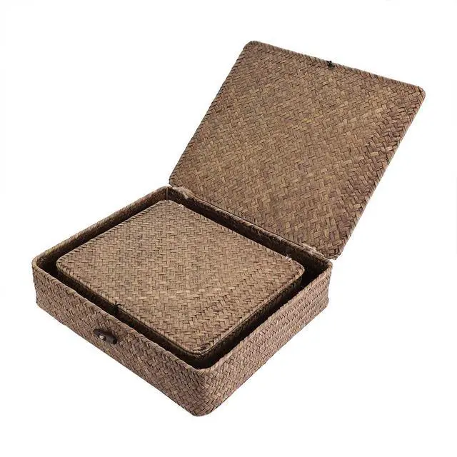 Alt view image 4 of 7 - Set of 2 Flat Woven Wicker Storage Bins with Lid Natural Seagrass Basket Multipurpose Home Boxes for Shelf Organizer (Coffee)