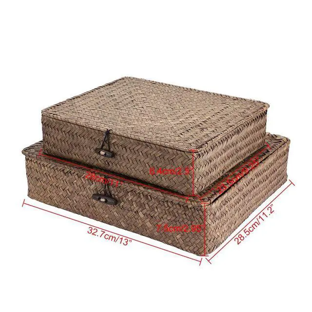 Alt view image 5 of 7 - Set of 2 Flat Woven Wicker Storage Bins with Lid Natural Seagrass Basket Multipurpose Home Boxes for Shelf Organizer (Coffee)