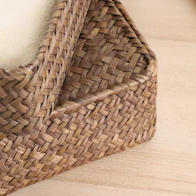 Alt view image 7 of 7 - Set of 2 Flat Woven Wicker Storage Bins with Lid Natural Seagrass Basket Multipurpose Home Boxes for Shelf Organizer (Coffee)