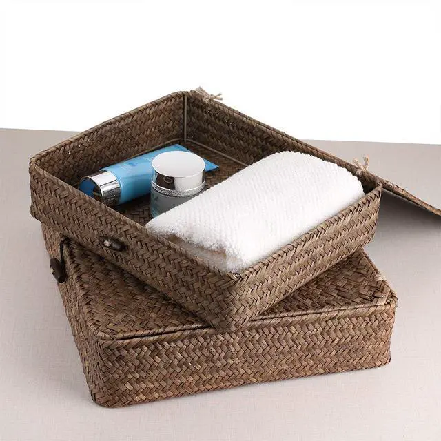 Alt view image 6 of 7 - Set of 2 Flat Woven Wicker Storage Bins with Lid Natural Seagrass Basket Multipurpose Home Boxes for Shelf Organizer (Coffee)