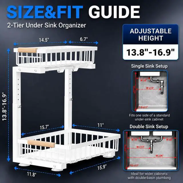 Alt view image 2 of 7 - Under Sink Organizer, Pull Out Kitchen Storage Cabinet Organizer, 2-Tier Metal Slide Out Shelf for Bathroom Laundry Kitchen Storage with Drawers, 11.8"W x 15.9"D x 13.8-16.9"H, White, 2 Pack