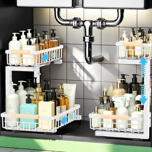 Main image of Under Sink Organizer, Pull Out Kitchen Storage Cabinet Organizer, 2-Tier Metal Slide Out Shelf for Bathroom Laundry Kitchen Storage with Drawers, 11.8"W x 15.9"D x 13.8-16.9"H, White, 2 Pack