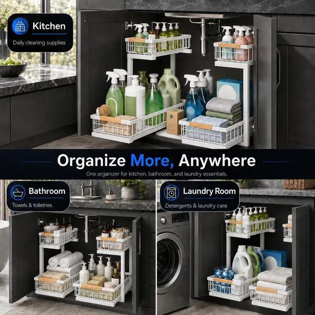 Alt view image 4 of 7 - Under Sink Organizer, Pull Out Kitchen Storage Cabinet Organizer, 2-Tier Metal Slide Out Shelf for Bathroom Laundry Kitchen Storage with Drawers, 11.8"W x 15.9"D x 13.8-16.9"H, White, 2 Pack