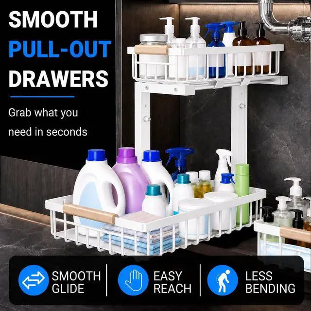 Alt view image 6 of 7 - Under Sink Organizer, Pull Out Kitchen Storage Cabinet Organizer, 2-Tier Metal Slide Out Shelf for Bathroom Laundry Kitchen Storage with Drawers, 11.8"W x 15.9"D x 13.8-16.9"H, White, 2 Pack
