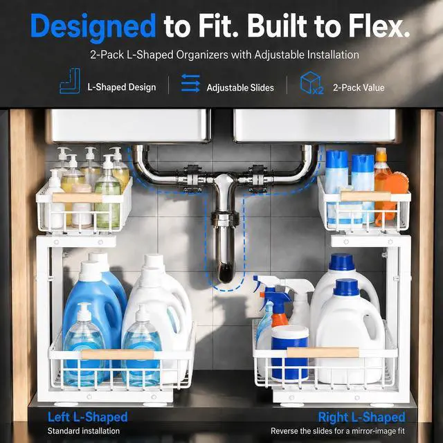 Alt view image 7 of 7 - Under Sink Organizer, Pull Out Kitchen Storage Cabinet Organizer, 2-Tier Metal Slide Out Shelf for Bathroom Laundry Kitchen Storage with Drawers, 11.8"W x 15.9"D x 13.8-16.9"H, White, 2 Pack