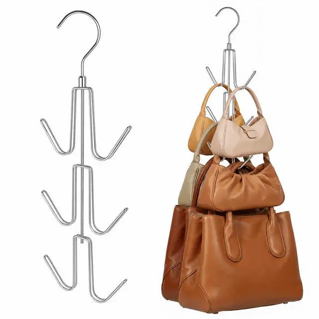 Main image of 2 Pack Purse Organizer for Closet, Heavy-Duty Hanging Purse Hanger Closet Holds Up to 12 Purses, Metal Rotating Space Saving Bag Holder Handbag Storage Hook Backpack Rack, Silver