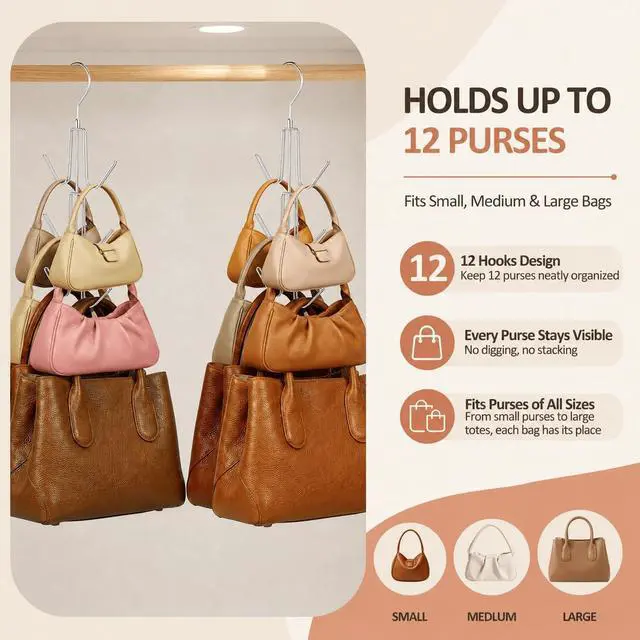 Alt view image 2 of 6 - 2 Pack Purse Organizer for Closet, Heavy-Duty Hanging Purse Hanger Closet Holds Up to 12 Purses, Metal Rotating Space Saving Bag Holder Handbag Storage Hook Backpack Rack, Silver