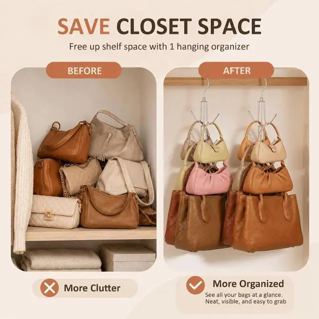 Alt view image 3 of 6 - 2 Pack Purse Organizer for Closet, Heavy-Duty Hanging Purse Hanger Closet Holds Up to 12 Purses, Metal Rotating Space Saving Bag Holder Handbag Storage Hook Backpack Rack, Silver