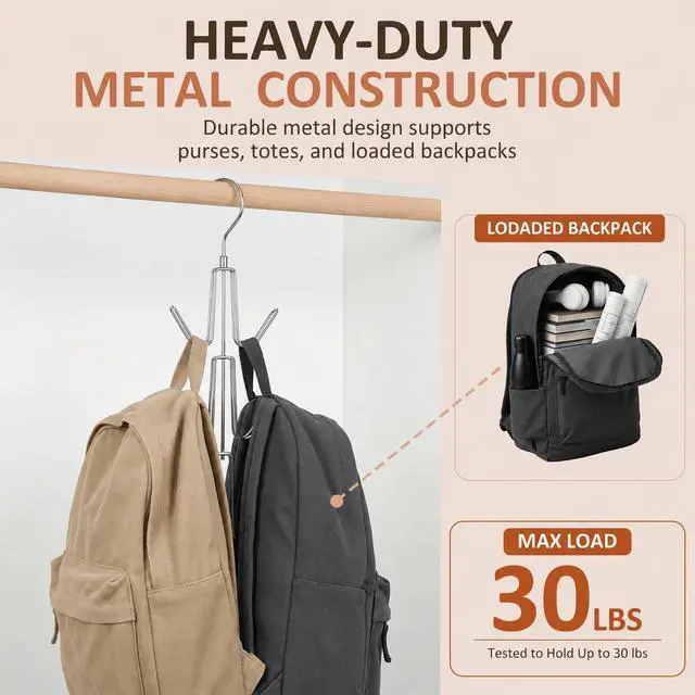 Alt view image 4 of 6 - 2 Pack Purse Organizer for Closet, Heavy-Duty Hanging Purse Hanger Closet Holds Up to 12 Purses, Metal Rotating Space Saving Bag Holder Handbag Storage Hook Backpack Rack, Silver