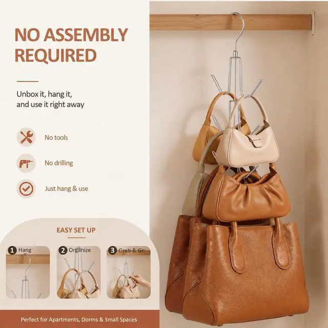 Alt view image 5 of 6 - 2 Pack Purse Organizer for Closet, Heavy-Duty Hanging Purse Hanger Closet Holds Up to 12 Purses, Metal Rotating Space Saving Bag Holder Handbag Storage Hook Backpack Rack, Silver