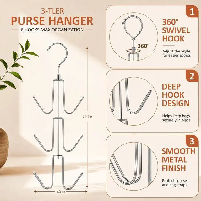 Alt view image 6 of 6 - 2 Pack Purse Organizer for Closet, Heavy-Duty Hanging Purse Hanger Closet Holds Up to 12 Purses, Metal Rotating Space Saving Bag Holder Handbag Storage Hook Backpack Rack, Silver