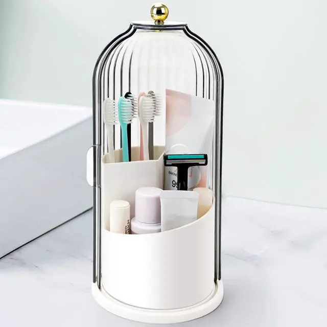 Main image of Toothbrush Holders with Sliding Lid, Rotating 3 Slots Bathroom Organizer Countertop, Tooth Brush Toothpaste Holder Bathroom Counter Stand Sink Organizer Caddy for Vanity Makeup Brushes Holder