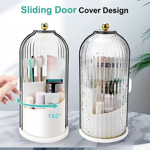 Alt view image 2 of 7 - Toothbrush Holders with Sliding Lid, Rotating 3 Slots Bathroom Organizer Countertop, Tooth Brush Toothpaste Holder Bathroom Counter Stand Sink Organizer Caddy for Vanity Makeup Brushes Holder