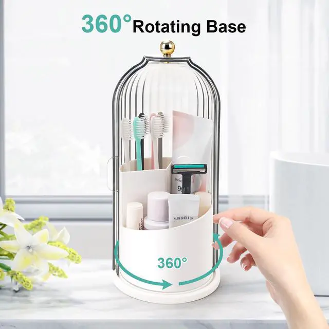 Alt view image 3 of 7 - Toothbrush Holders with Sliding Lid, Rotating 3 Slots Bathroom Organizer Countertop, Tooth Brush Toothpaste Holder Bathroom Counter Stand Sink Organizer Caddy for Vanity Makeup Brushes Holder