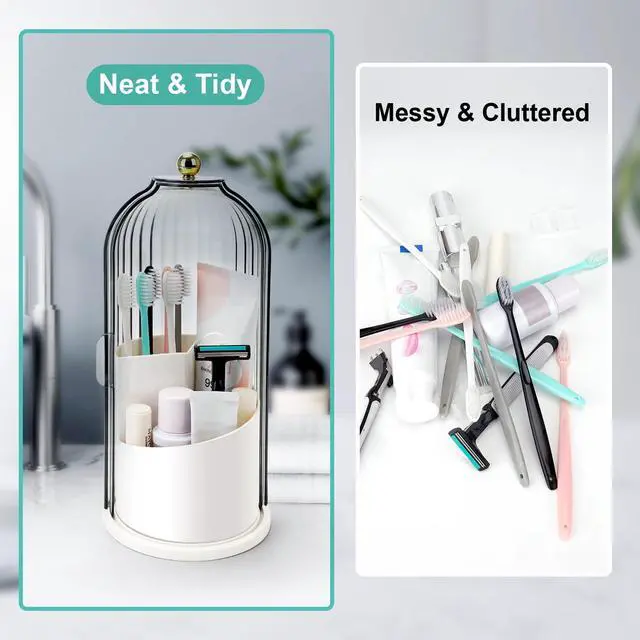 Alt view image 4 of 7 - Toothbrush Holders with Sliding Lid, Rotating 3 Slots Bathroom Organizer Countertop, Tooth Brush Toothpaste Holder Bathroom Counter Stand Sink Organizer Caddy for Vanity Makeup Brushes Holder