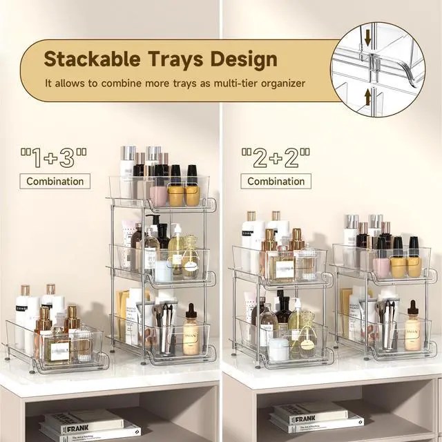 Alt view image 4 of 7 - 2-Tier Bathroom Organizer with Dividers, Clear Under Sink and Pull-Out Cabinet Organizer for Kitchen and Pantry Storage