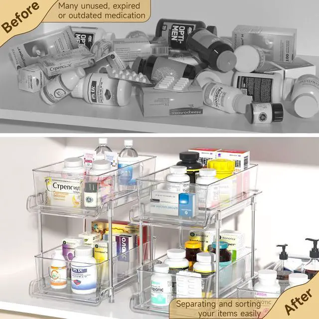 Alt view image 7 of 7 - 2-Tier Bathroom Organizer with Dividers, Clear Under Sink and Pull-Out Cabinet Organizer for Kitchen and Pantry Storage