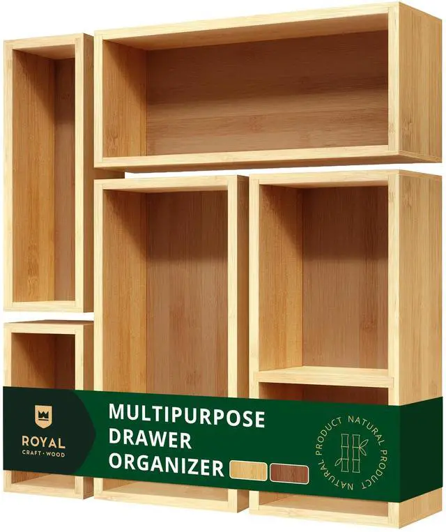 Main image of 5-Piece Bamboo Drawer Organizer Set Multi-Use Storage Trays for Kitchen, Bathroom, Office, Makeup, Jewelry & More Junk Drawer Tray, Utensil Holder, Storage Box & Bin Set (5 Boxes)
