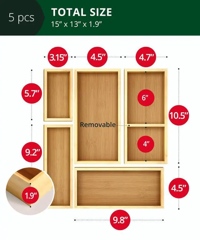 Alt view image 2 of 7 - 5-Piece Bamboo Drawer Organizer Set Multi-Use Storage Trays for Kitchen, Bathroom, Office, Makeup, Jewelry & More Junk Drawer Tray, Utensil Holder, Storage Box & Bin Set (5 Boxes)