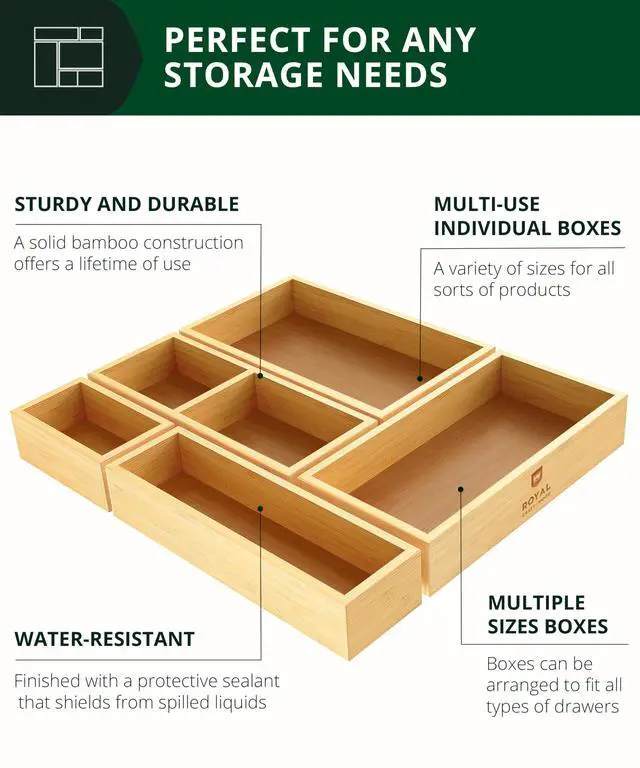 Alt view image 3 of 7 - 5-Piece Bamboo Drawer Organizer Set Multi-Use Storage Trays for Kitchen, Bathroom, Office, Makeup, Jewelry & More Junk Drawer Tray, Utensil Holder, Storage Box & Bin Set (5 Boxes)