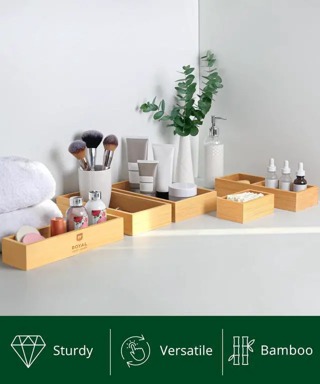 Alt view image 4 of 7 - 5-Piece Bamboo Drawer Organizer Set Multi-Use Storage Trays for Kitchen, Bathroom, Office, Makeup, Jewelry & More Junk Drawer Tray, Utensil Holder, Storage Box & Bin Set (5 Boxes)