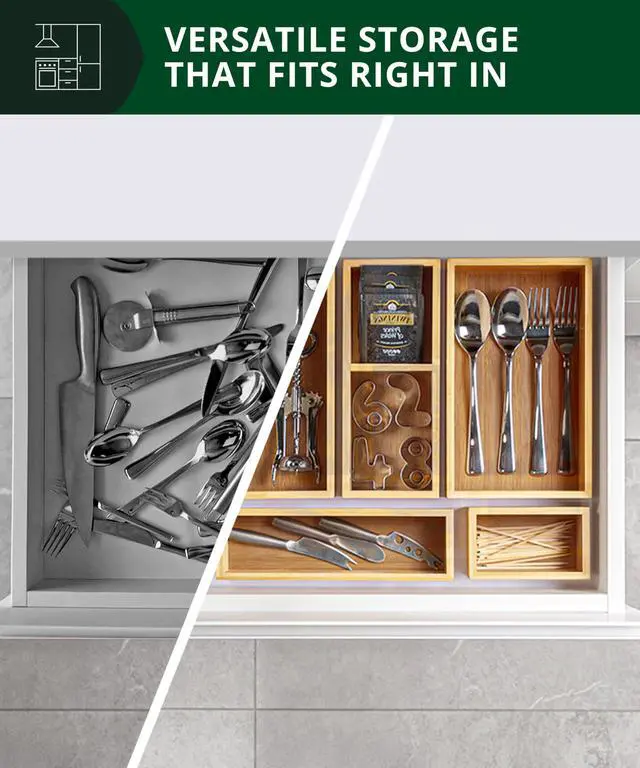 Alt view image 5 of 7 - 5-Piece Bamboo Drawer Organizer Set Multi-Use Storage Trays for Kitchen, Bathroom, Office, Makeup, Jewelry & More Junk Drawer Tray, Utensil Holder, Storage Box & Bin Set (5 Boxes)